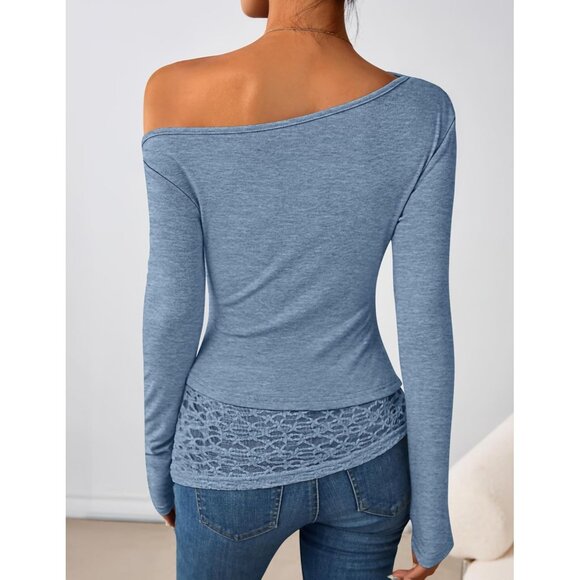 Women Blue Long Sleeve Off Shoulder Tops Casual Boat Neck Lace Shirts Blouses - Picture 2 of 5